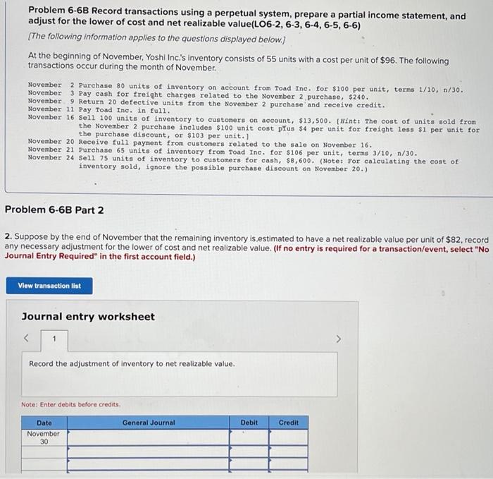 help Problem 6-6B Record transactions using a perpetual system, prepare a partial