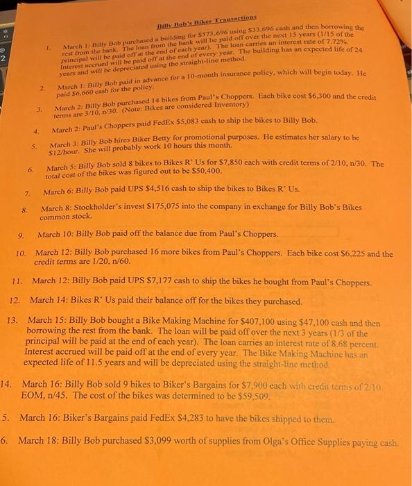 I need help journalizing these transactions. 1 @ 2 Hill Bob's Bikes