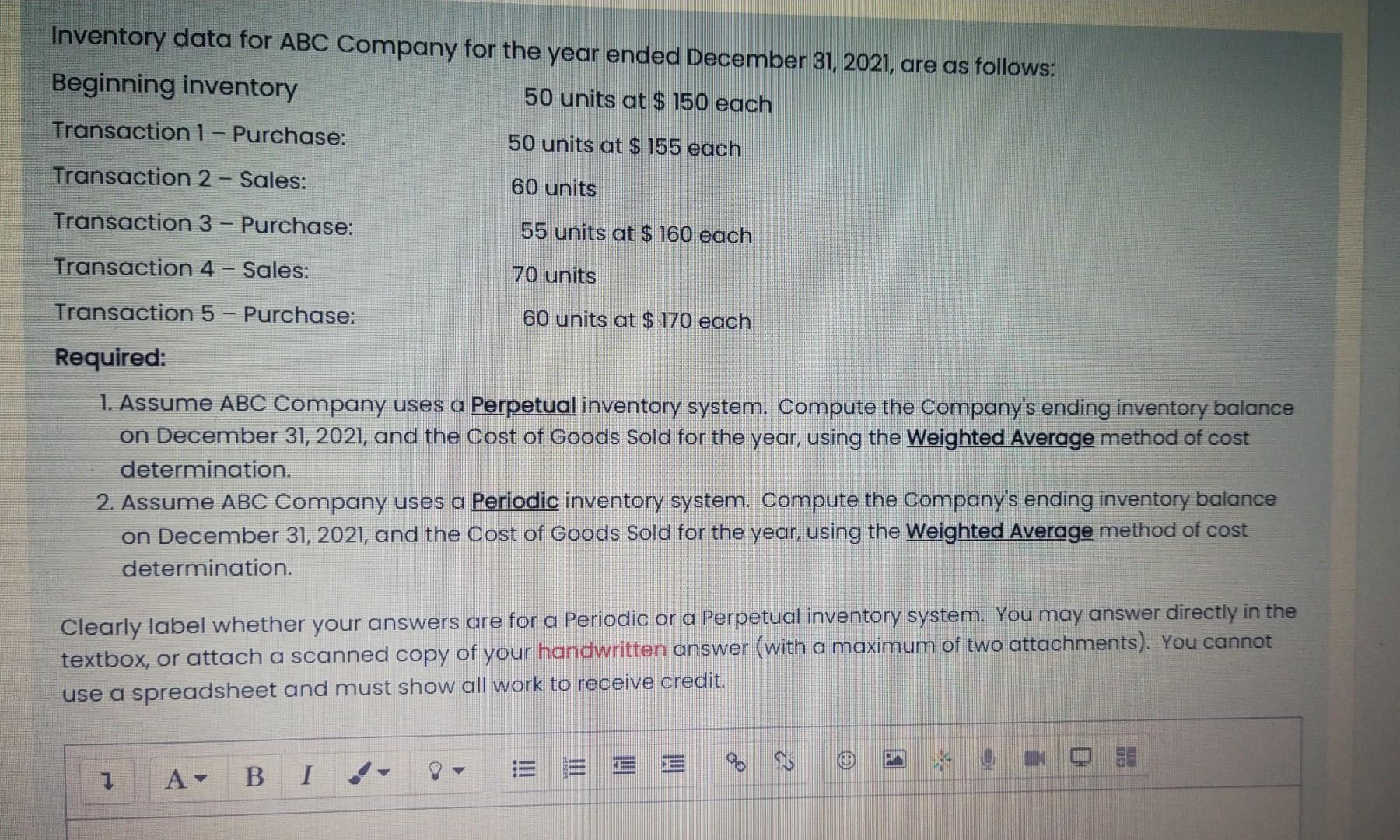 please answer asap Inventory data for ABC Company for the year