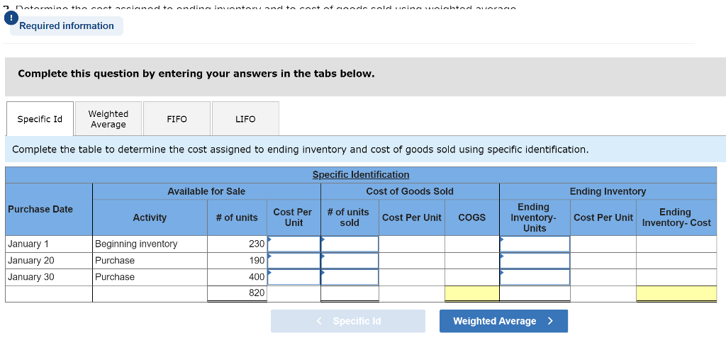 the table to determine the cost assigned to ending inventory and cost