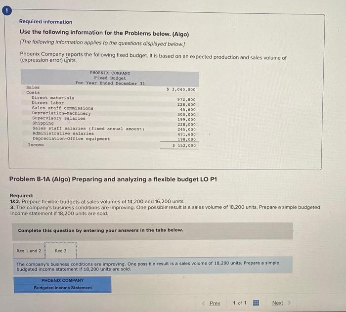 152,000 Problem 8-1A (Algo) Preparing and analyzing a flexible budget LO P1