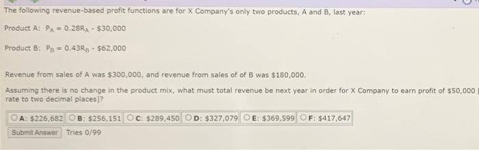 to two decimal places) The following revenue-based profit functions are for X