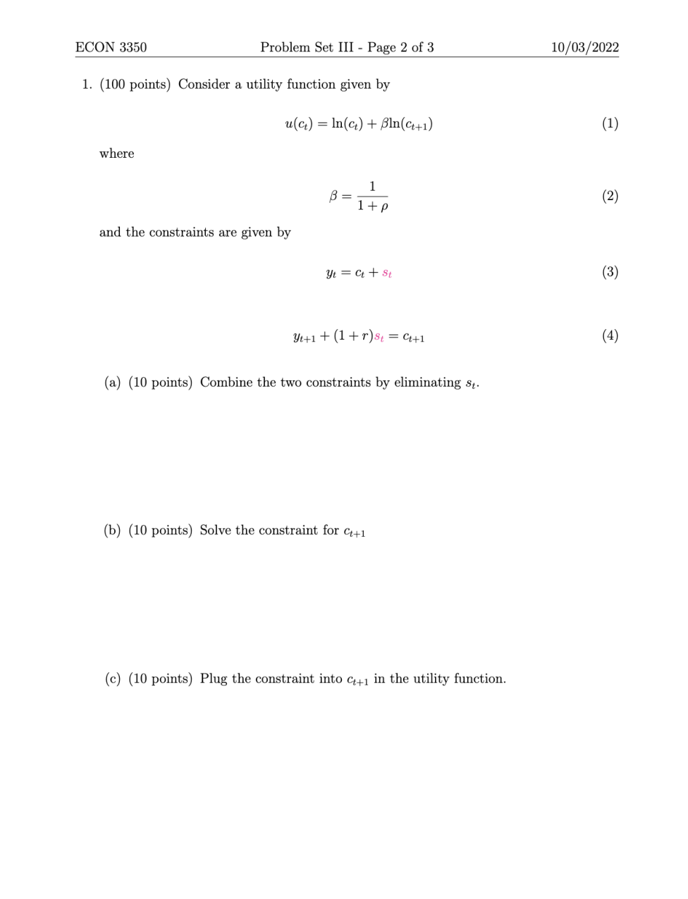 ONLY PARTS D,E,F,G 1. (100 points) Consider a utility function given by