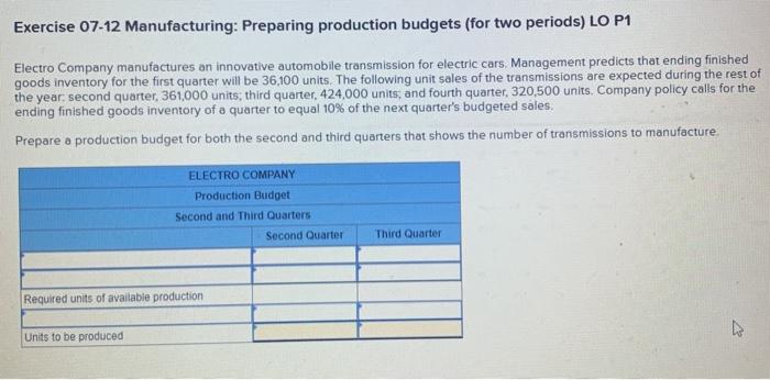  Exercise 07-12 Manufacturing: Preparing production budgets (for two periods) LO P1