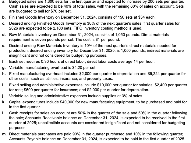 quarter. Required schedules and budgets include: sales budget, production budget, direct materials