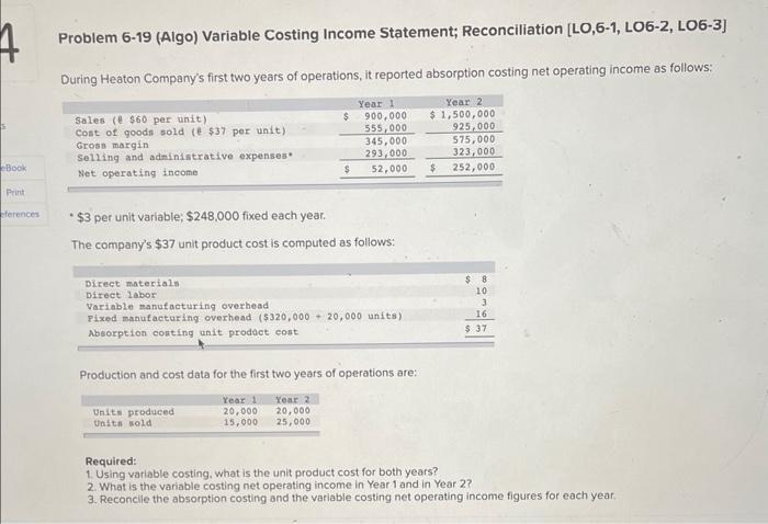  please complete requiremts 1 thru 3 Problem 6-19 (Algo) Variable Costing