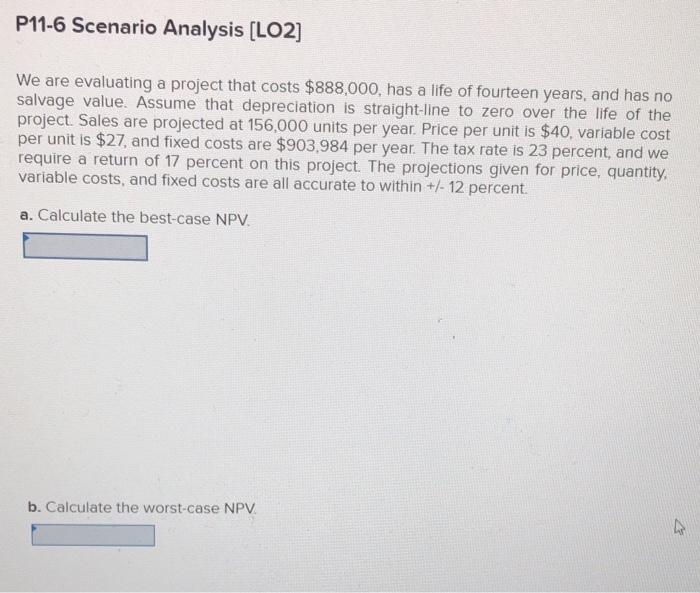  P11-6 Scenario Analysis (LO2] We are evaluating a project that costs