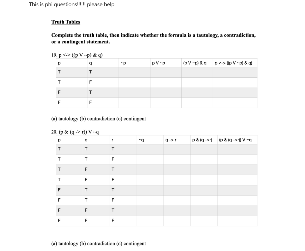  This is phi questions!!!!!! please help Truth Tables Complete the truth