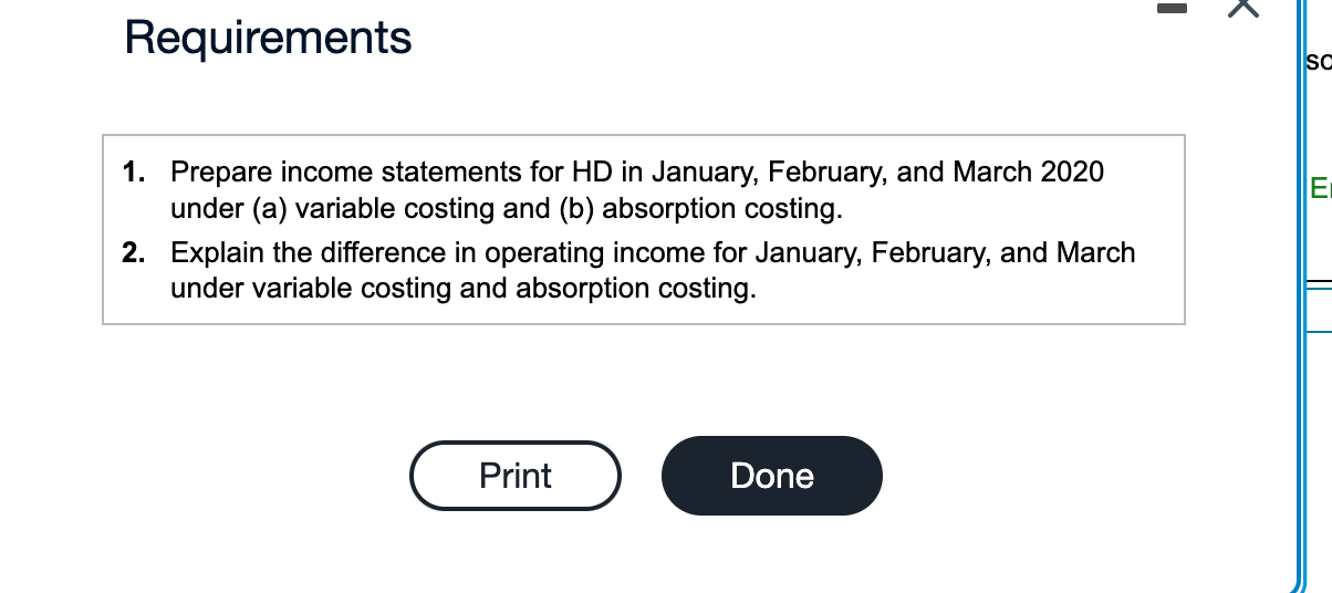 for HD in January, February, and March 2020 under (a) variable costing