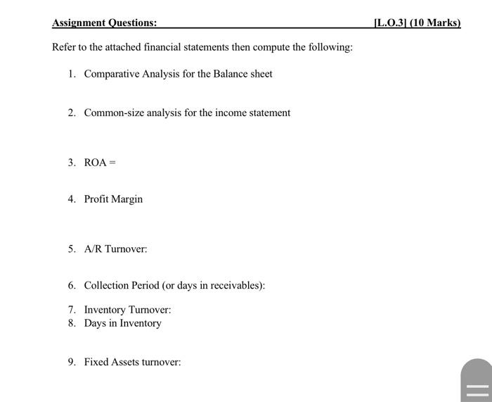  from income statment answer these question Assignment Questions: |L.0.3] (10 Marks)