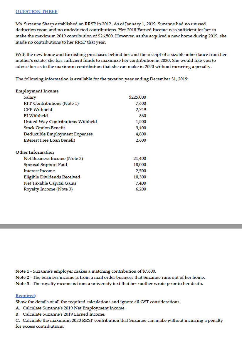  QUESTION THREE Ms. Suzanne Sharp established an RRSP in 2012. As