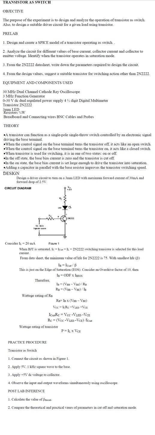 Guys I need help with this experiment, Pleaseee TRANSISTOR AS SWITCH OBJECTIVE