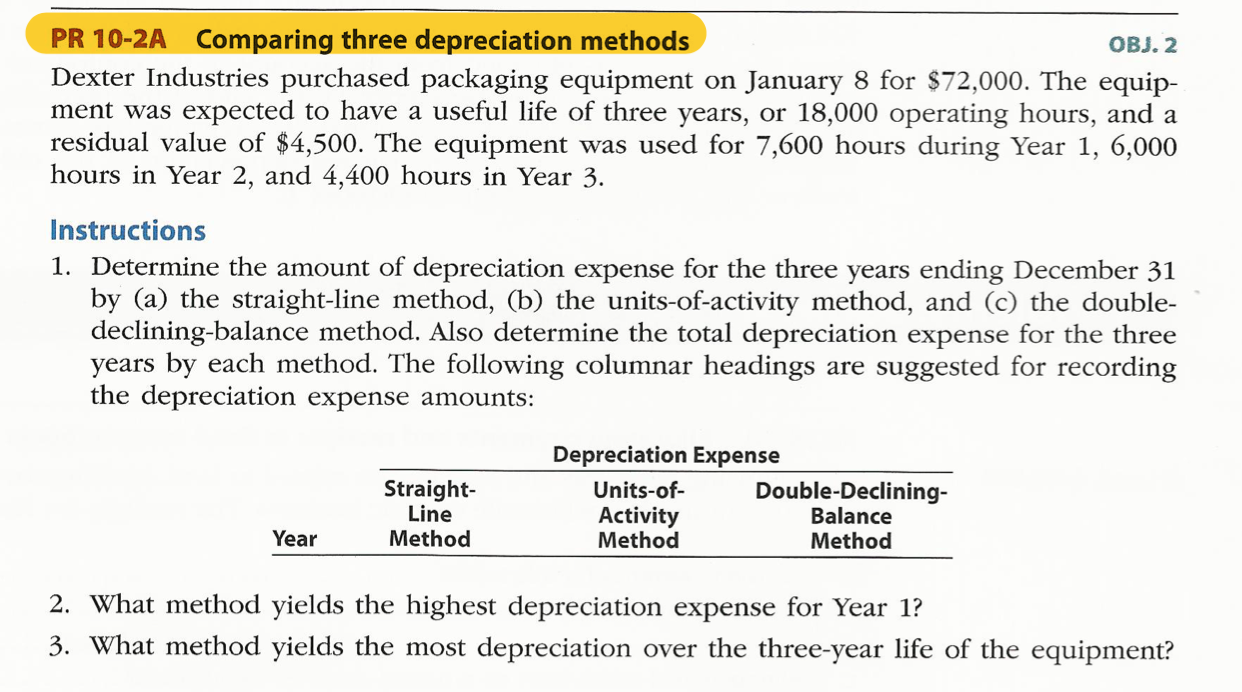 10 - 2 A OBJ. 2 PR 10-2A Comparing three depreciation methods