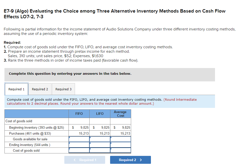 E7-9 (Algo) Evaluating the Choice among Three Alternative Inventory Methods Based on