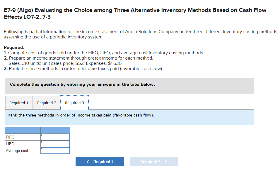 statement of Audio Solutions Company under three different inventory costing methods, assuming