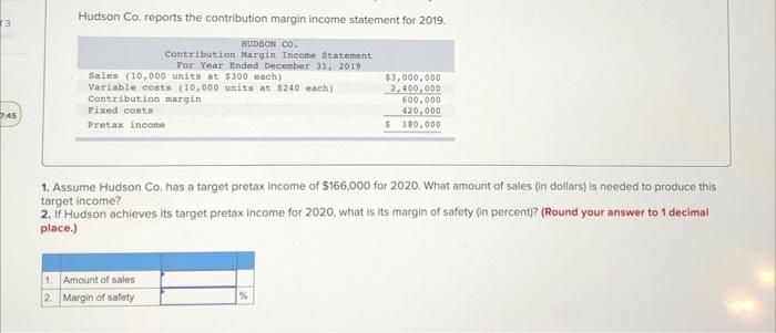  Hudson Co. reports the contribution margin income statement for 2019 HUDSON