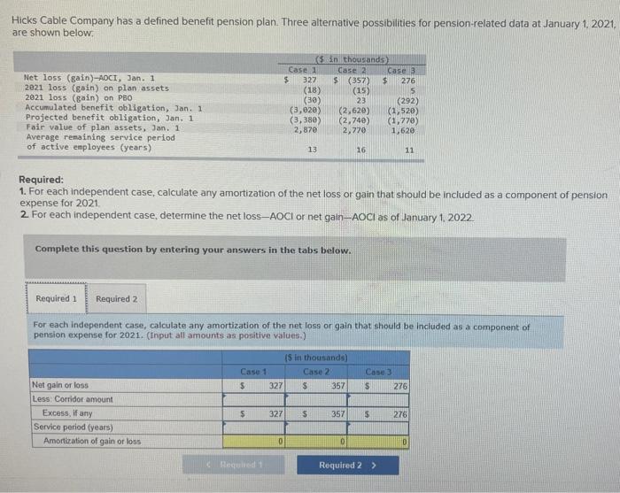  please answer asap Hicks Cable Company has a defined benefit pension