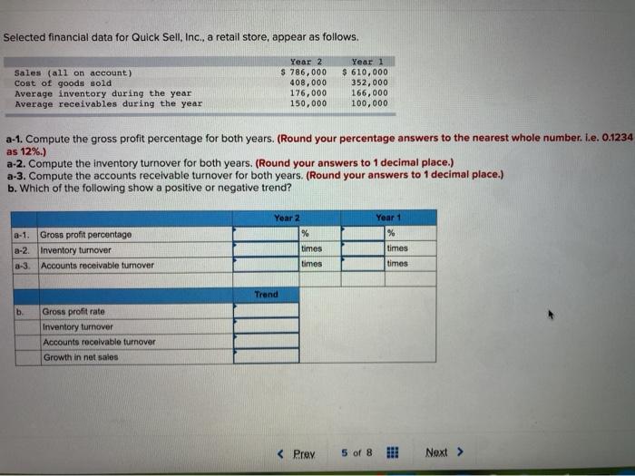  Selected financial data for Quick Sell, Inc., a retail store, appear