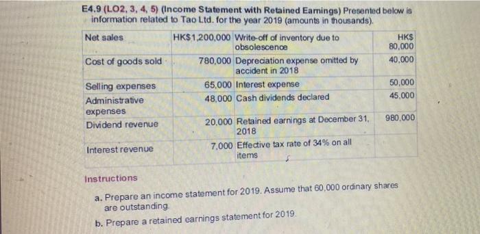 with explain please,,, thank uu E4.9 (LO2, 3, 4, 5) (Income Statement