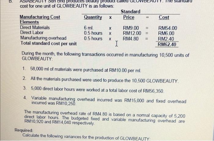 please do 3 question below B. Slaridar = produces beauty product cost