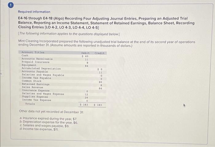number 6-9 84 Required information E4-16 through E4-18 (Algo) Recording Four Adjusting