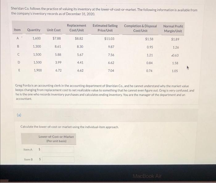 loss Sheridan Co. follows the practice of valuing its inventory at the