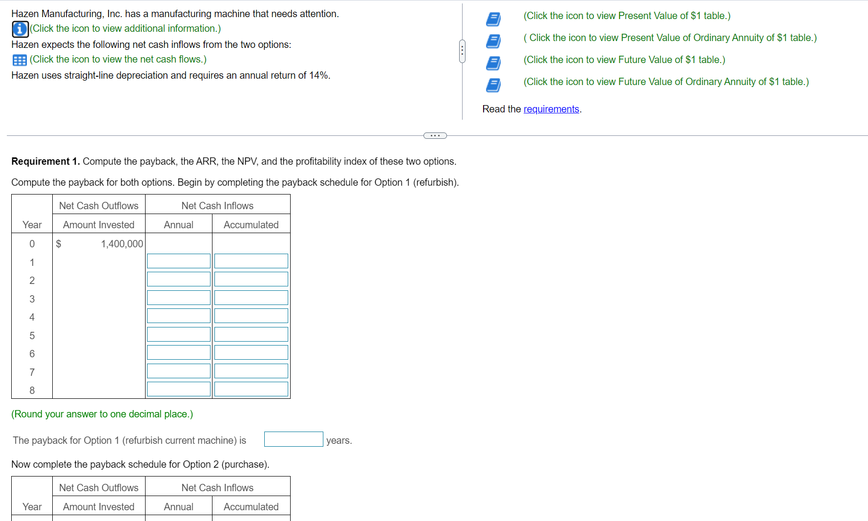 Please use this link in order to view the tables: https://www.chegg.com/homework-help/questions-and-answers/tables-present-value-1-present-value-ordinary-annuity-1-future-value-1-future-value-ordina-q100658796?trackid=undefined Some