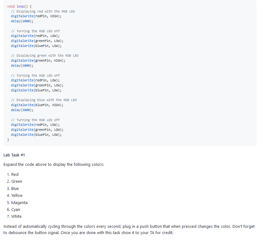 Using a button and a RGB led, write a code in Arduino