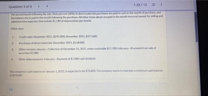 Vista Company prepares monthly cash budgets. Relevant data from operating budgets for