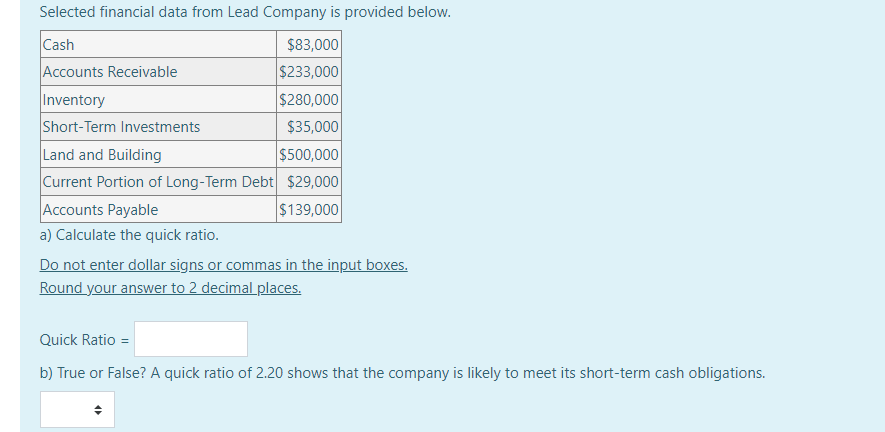 input boxes. Round your answer to 2 decimal places. Current Ratio =