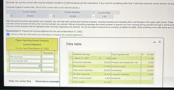 Requirement 2 income statement? decimals, etc, but the current ratio must be