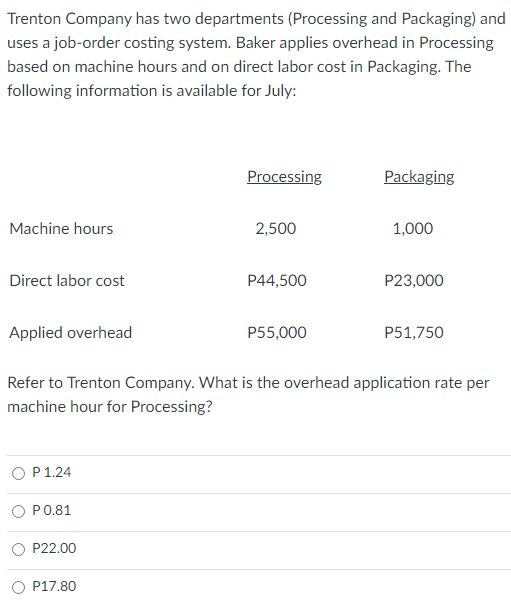 TIMED TASK Trenton Company has two departments (Processing and Packaging) and uses