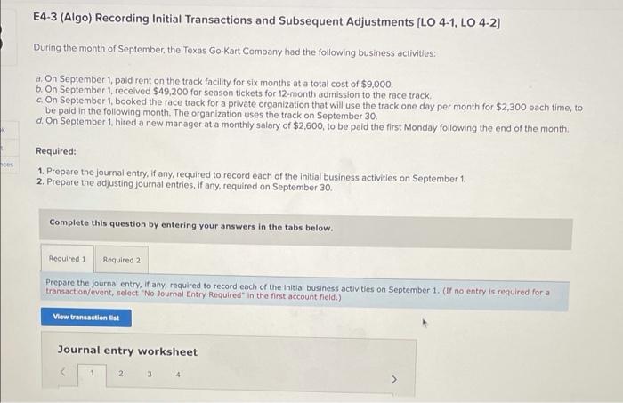 number 3 E4-3 (Algo) Recording Initial Transactions and Subsequent Adjustments [LO 4-1,