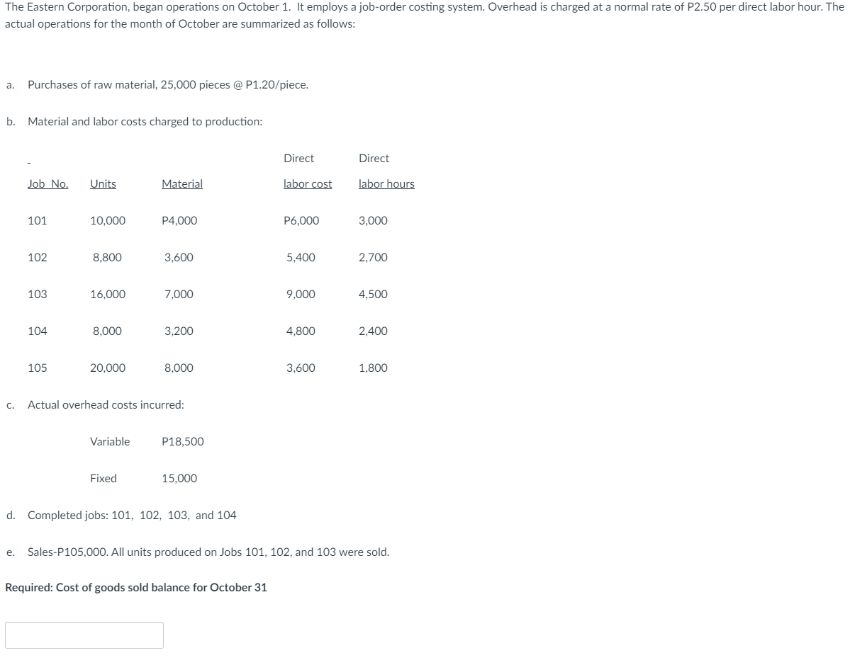 TIMED TASK The Eastern Corporation, began operations on October 1. It employs