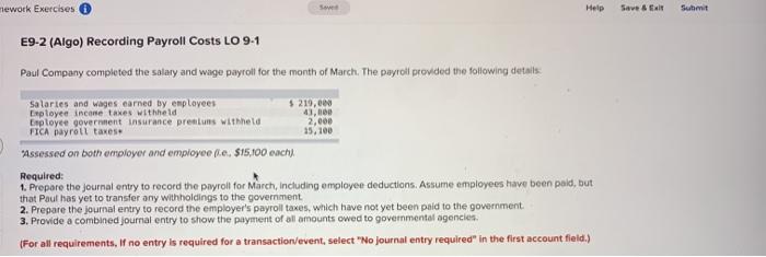  nework Exercises Saw Help Save & E Submit E9-2 (Algo) Recording