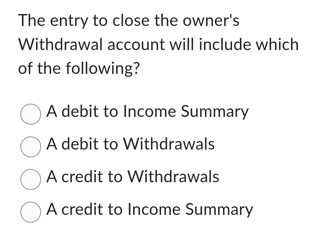  The entry to close the owner's Withdrawal account will include which