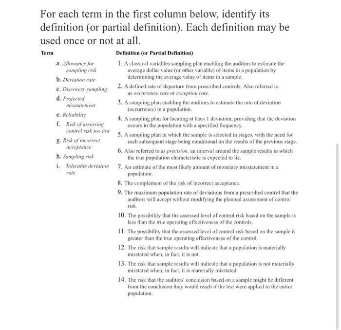 4 misstatement For each term in the first column below, identify its