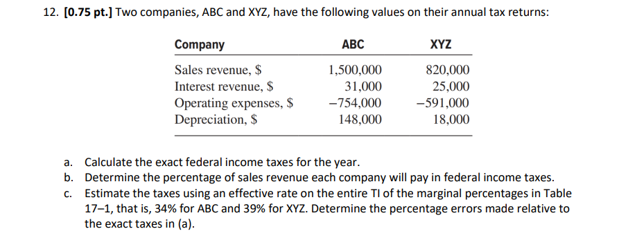 in excel pleasee with the formulas 12. (0.75 pt.] Two companies,