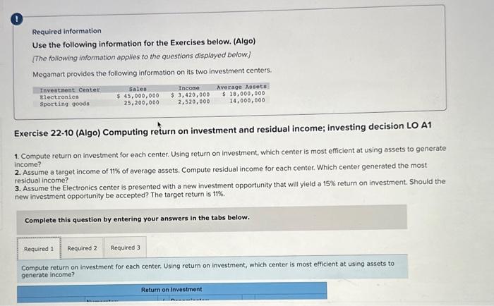 post all question Required information Use the following information for the Exercises