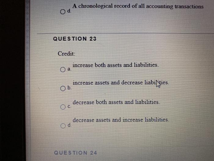 will rate you Od QUESTION 22 A ledger shows: a. A balance