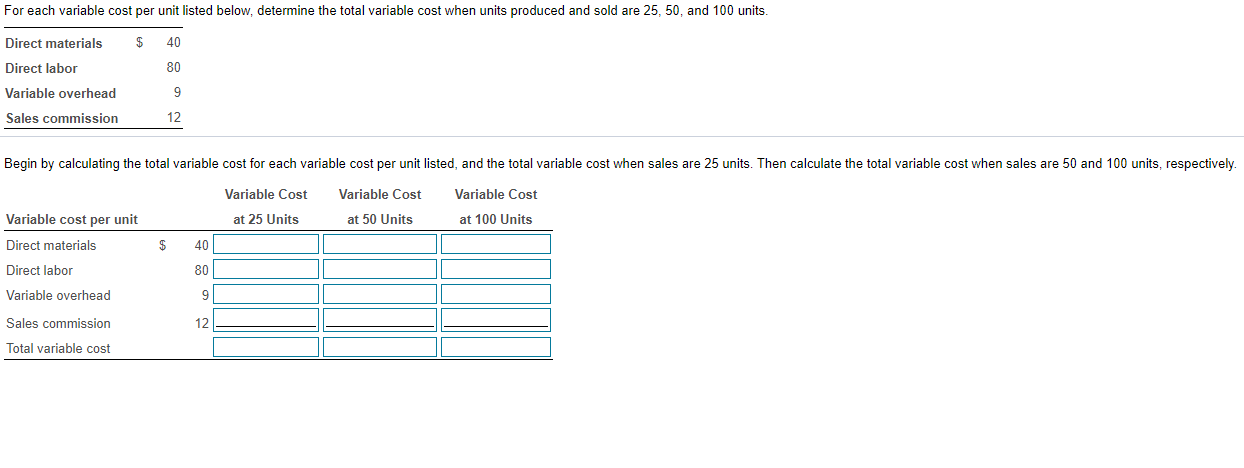  For each variable cost per unit listed below, determine the total