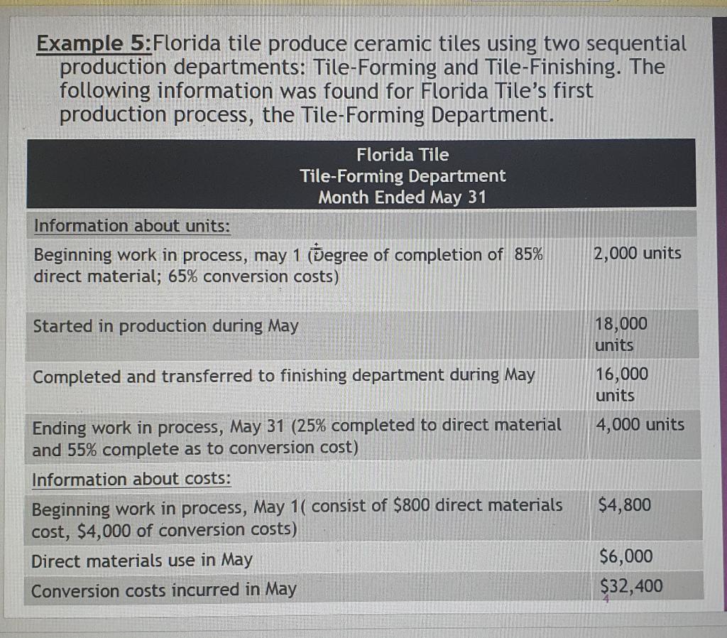 Example 5:Florida tile produce ceramic tiles using two sequential production departments: