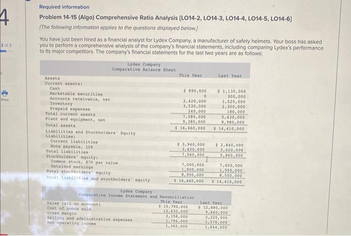  please solve, will upvote Required information Problem 14-15 (Algo) Comprehensive Ratio