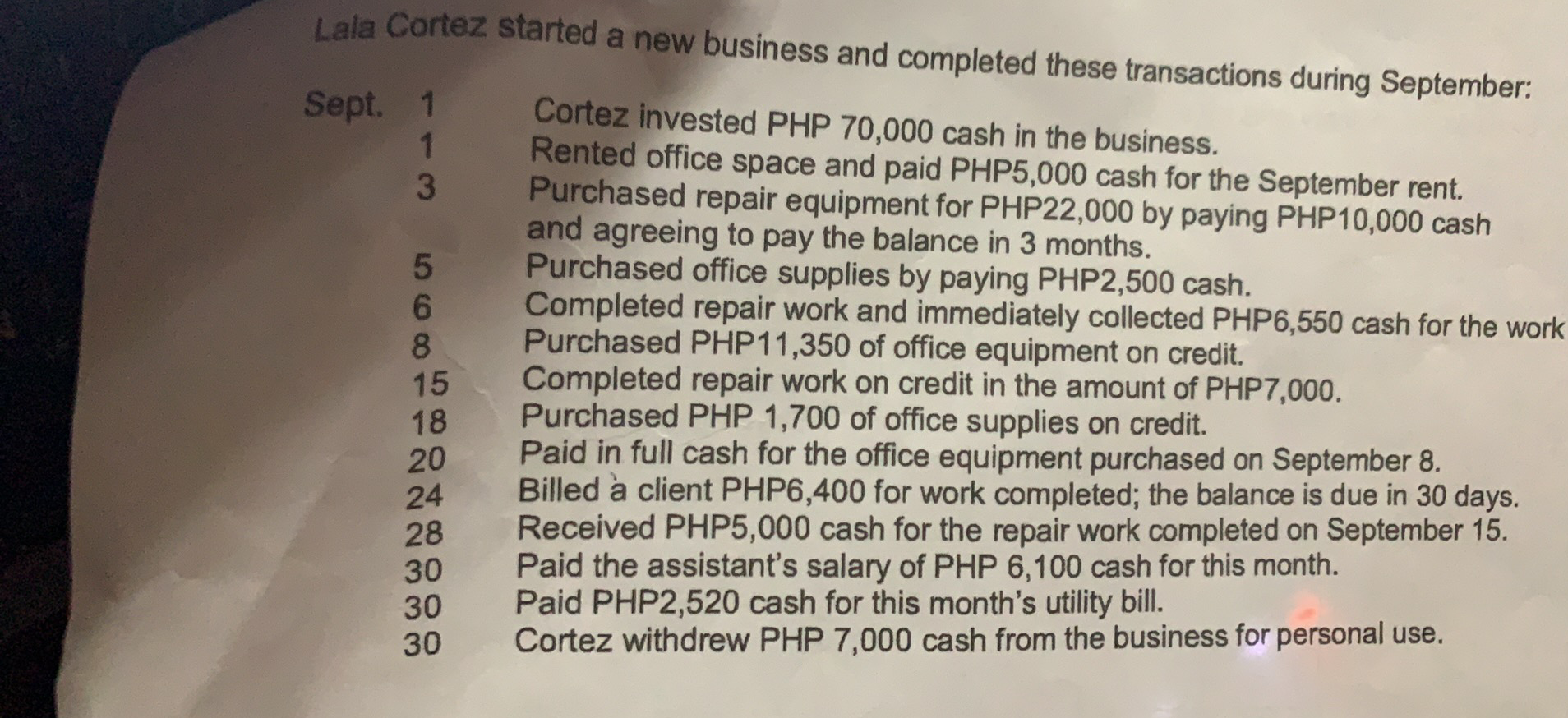 asset, liability, and equity titles in a table: Cash; Accounts Receivable; Office