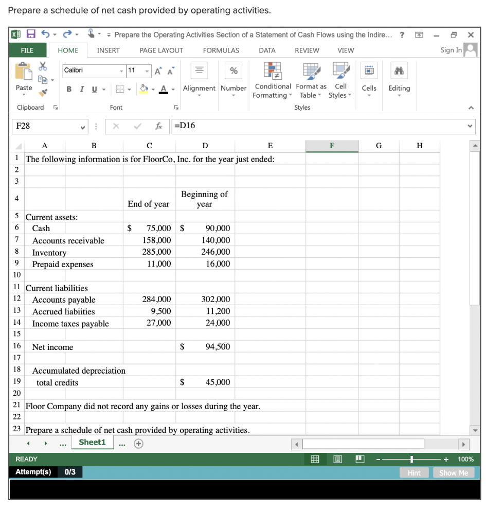 All answers must be submitted as Excel formula. Prepare a schedule of