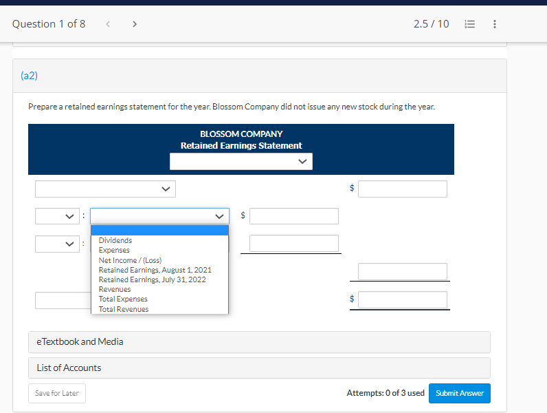 Prepare a retained earnings statement for the year. Blossom Company did not