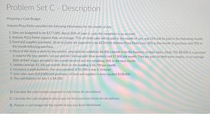  need help with this part Problem Set C-Description Preparing a Cash