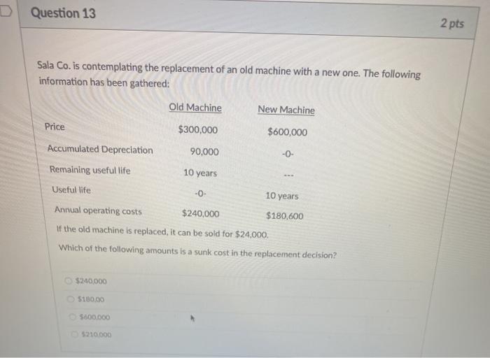  D Question 13 2 pts Sala Co. is contemplating the replacement