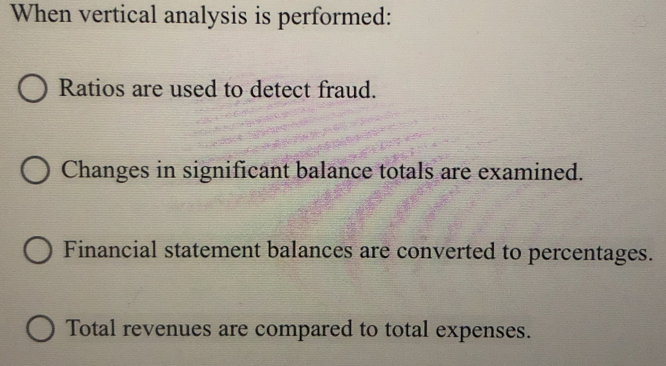  When vertical analysis is performed: Ratios are used to detect fraud.