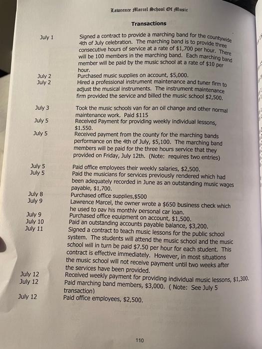 Journalize the initial transactions dated july 1 through july 31. omit explanations